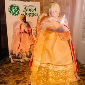 Vintage GE Merry Midget Angel Christmas Tree Topper Lights Lace Candle